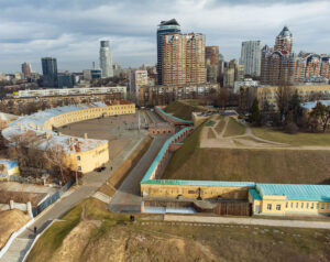 Fortress Kiew, UA: Hospital Square, the North Half-Tower, the Central Сaponnier with a bridge and the North Gate, ramparts of the Hospital Fortification with an escarpment wall. ©Andriy Shvachko